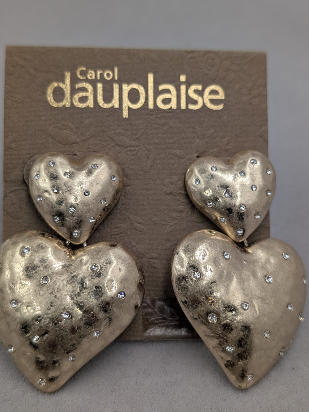 Carol Dauplaise Gold Double Heart Rhinestone Statement Earrings 1236